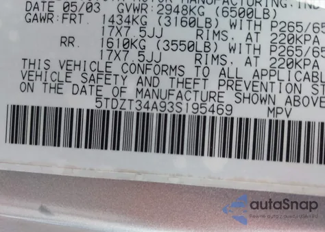 2003 Toyota Sequoia Sr5 V8 z USA, uszkodzony, nr VIN 5TDZT34A93S195469